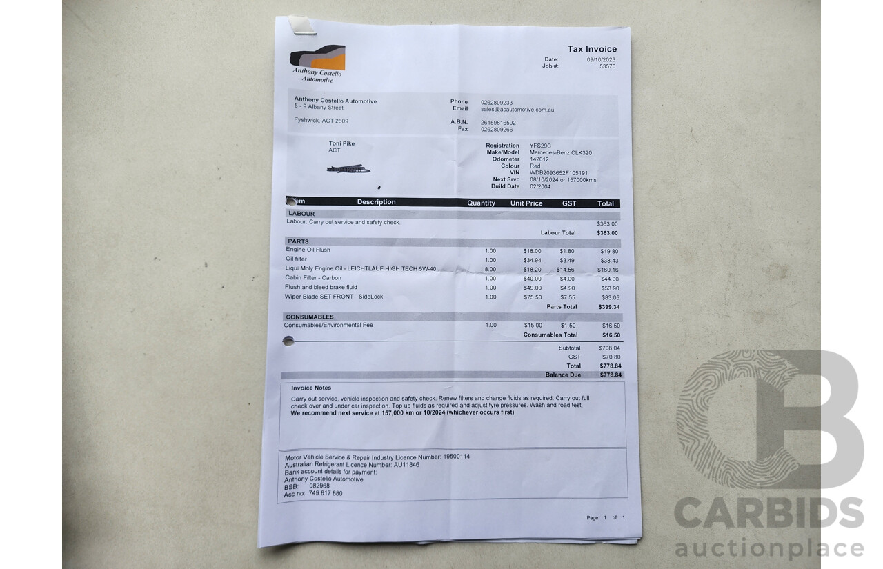 3/2004 Mercedes-Benz Clk320 Elegance C209 2d Coupe Red 3.2L