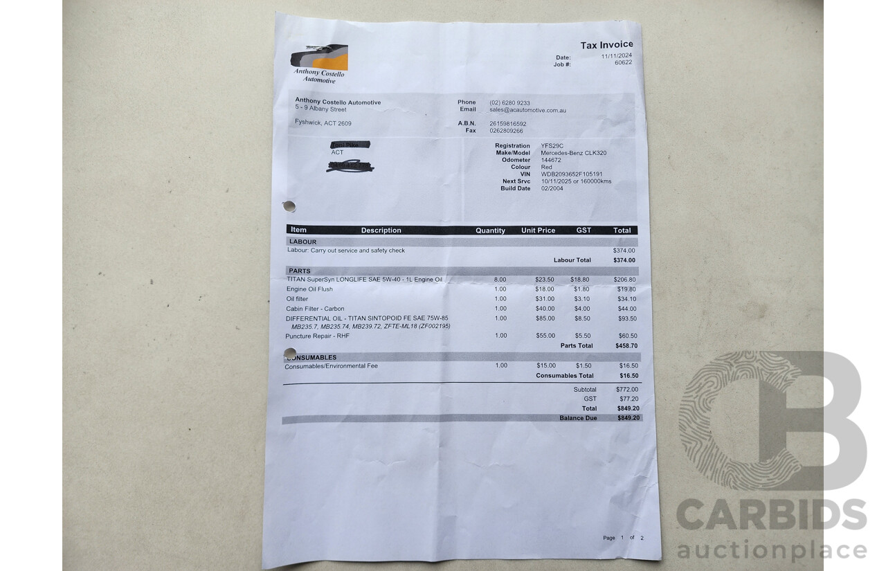 3/2004 Mercedes-Benz Clk320 Elegance C209 2d Coupe Red 3.2L