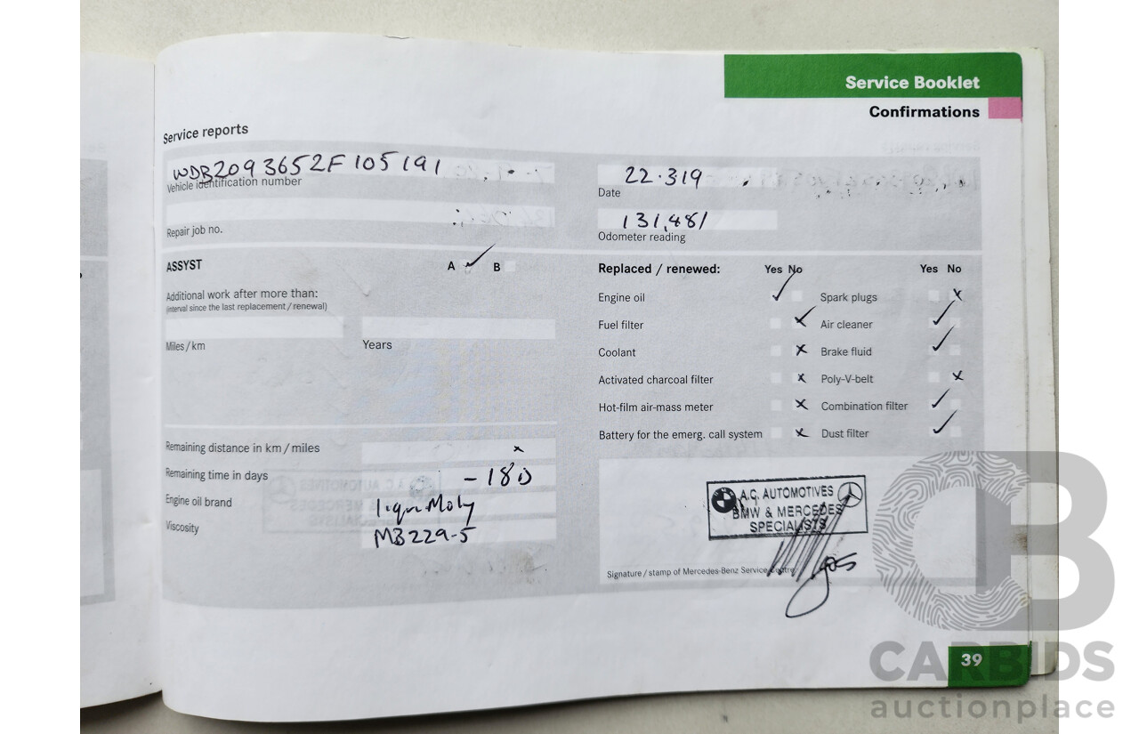 3/2004 Mercedes-Benz Clk320 Elegance C209 2d Coupe Red 3.2L