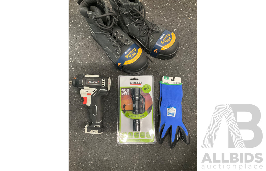 BOBCAT Size 6 Safety Toe Boots, TOOLPRO Impact Wrench , ARLEC Tourch and Gloves - Lot of 4