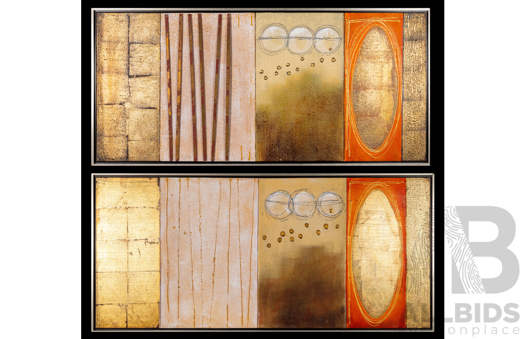 Artist Unknown (20th Century), Large Abstract Dreams - Oval Moonscapes I and II, Pair of Wonderful Original Mixed Media on Canvas, 70 x 150 cm (frame) (2)