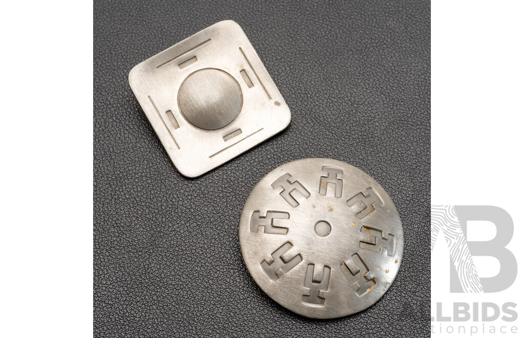 Danish Pewter (2) Handmade Brooches/pendants, 48mm/41mm, Hallmarked