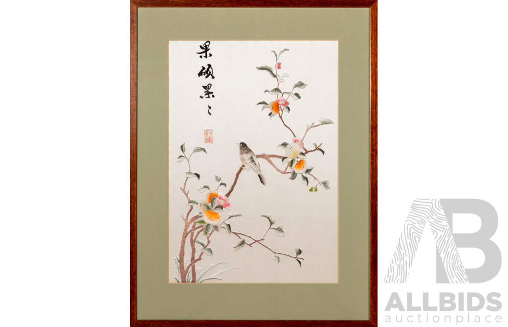 Artist Unknown, (20th Century, Chinese School), Bird and Blossoms, Hand Embroidered Silk Panel, 58 x 44 cm (frame)