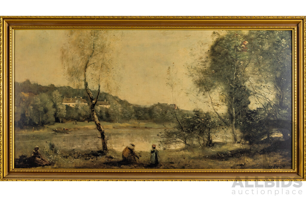 Jean-Baptiste Corot, (1796-1895), Ville D'Avray, View of the Villas Across the Pond, Vintage Reproduction Print After the 1873 Original, 54 x 100 cm (frame)