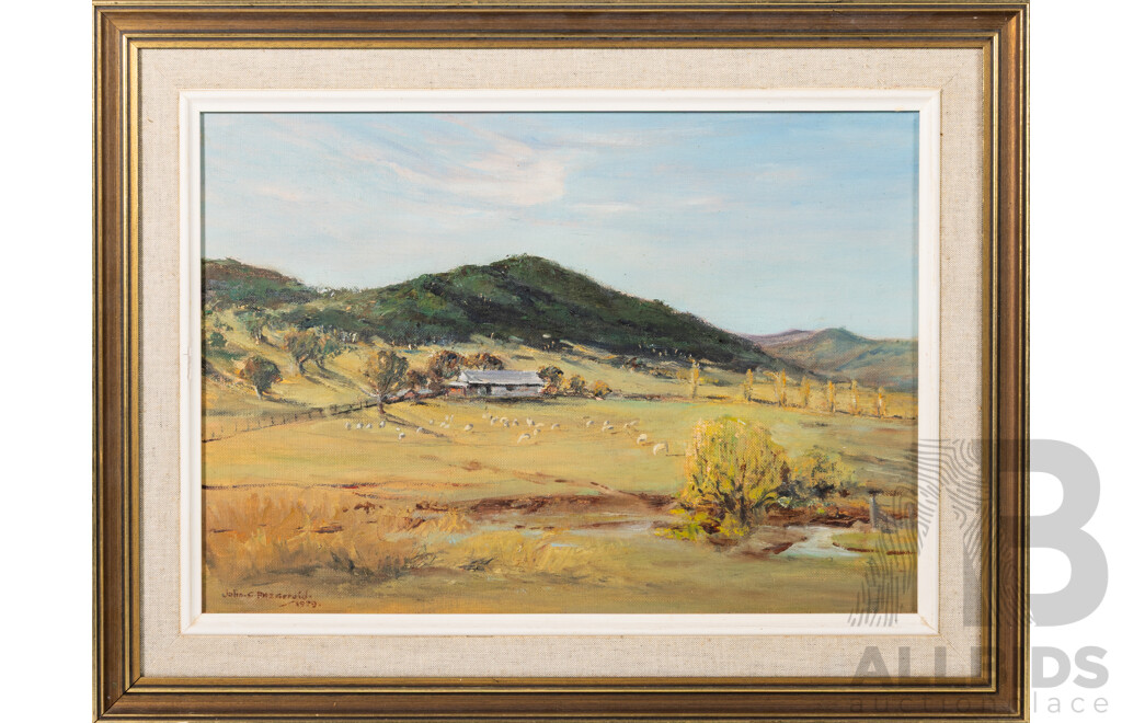 John C. Fitzgerald, (20th Century, Australian), Sheep Grazing in Field by Cottage (1979), Wonderful Original Oil on Canvas Board, 44 X 57 Cm (frame)