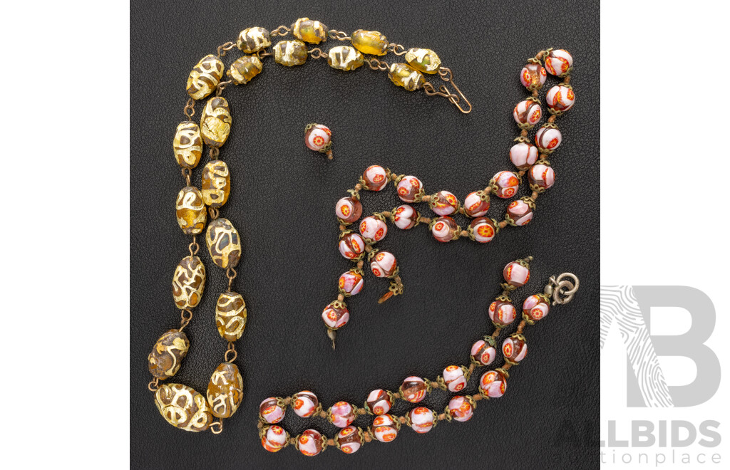 Vintage Art Deco Venetian Glass Wedding Cake Beaded Necklace, Needs Restringing, with Other Glass Necklace, Both Circa 1920-1940