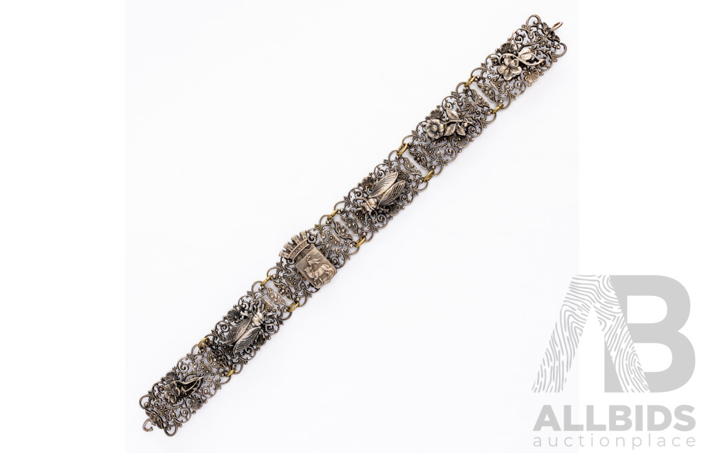 Antique French Silver Panel Bracelet with 'Grasse' Coat of Arms, Insects & Flowers, 18.02 Grams