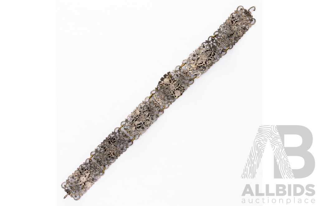 Antique French Silver Panel Bracelet with 'Grasse' Coat of Arms, Insects & Flowers, 18.02 Grams