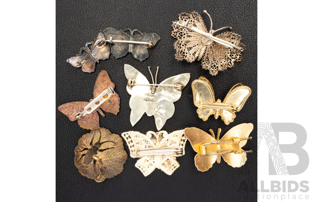 Antique & Vintage Collection of (8) Butterfly Brooches Including Yellow Butterfly (1916) & Brass Beetle Button