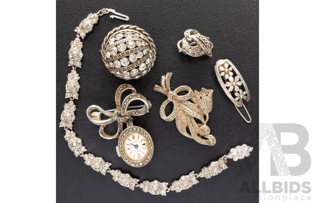 Vintage Sterling Sivler Dome Brooch, Bracelet & Other SS Items 40.25gm with Vintage Brooch Watch