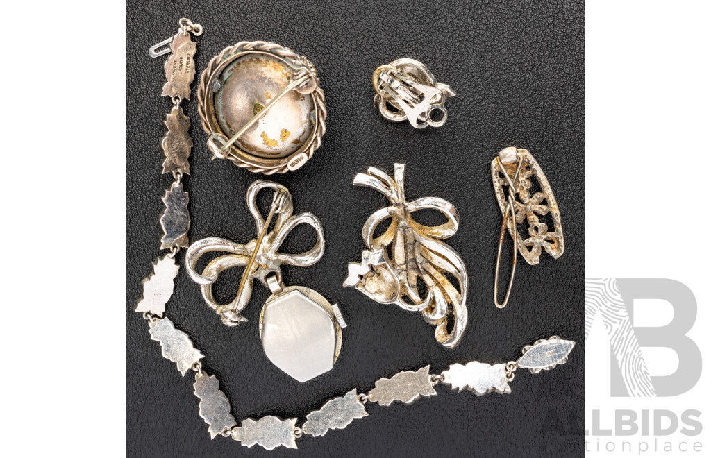 Vintage Sterling Sivler Dome Brooch, Bracelet & Other SS Items 40.25gm with Vintage Brooch Watch