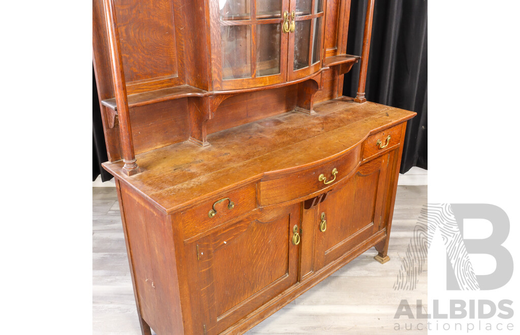 English Arts and Crafts Silky Oak Two Door Sideboard with Hutch