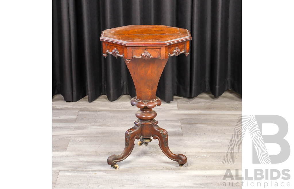 Victorian Bur Walnut Single Pedestal Sewing Caddy