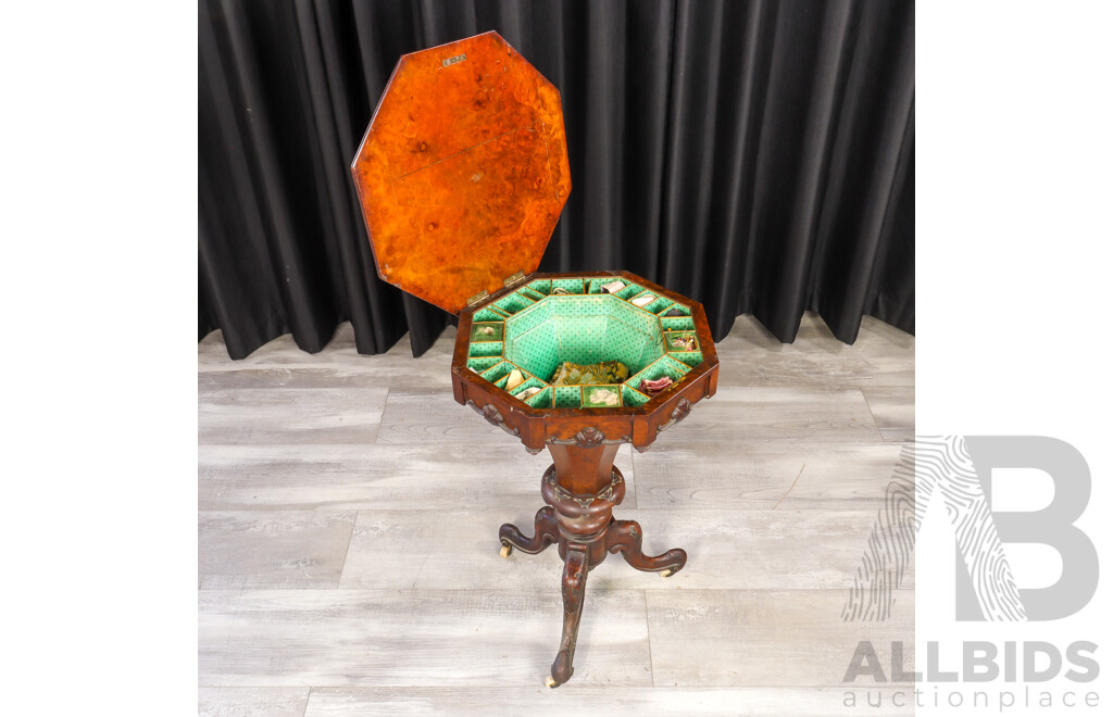 Victorian Bur Walnut Single Pedestal Sewing Caddy