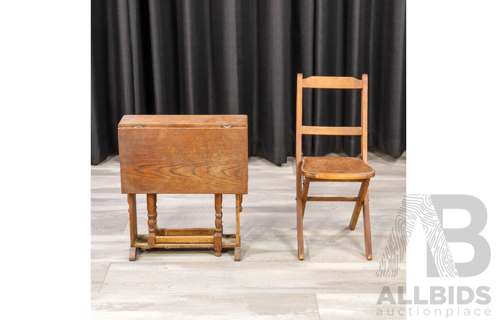 Arts and Crafts Oak Childs Drop Side Table with Folding Chair