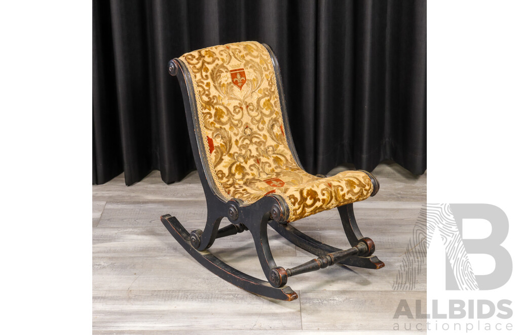 Victorian Mahogany Slipper Rocking Chair with Damask Upholstery and Ebonised Finish