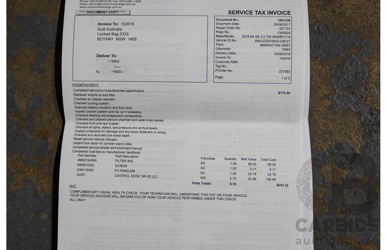 07/2016 Audi A4 2.0 TDI Quattro S-tronic Sport (AWD) F4 (B9) 4D Sedan Grey Turbo Diesel 2.0L