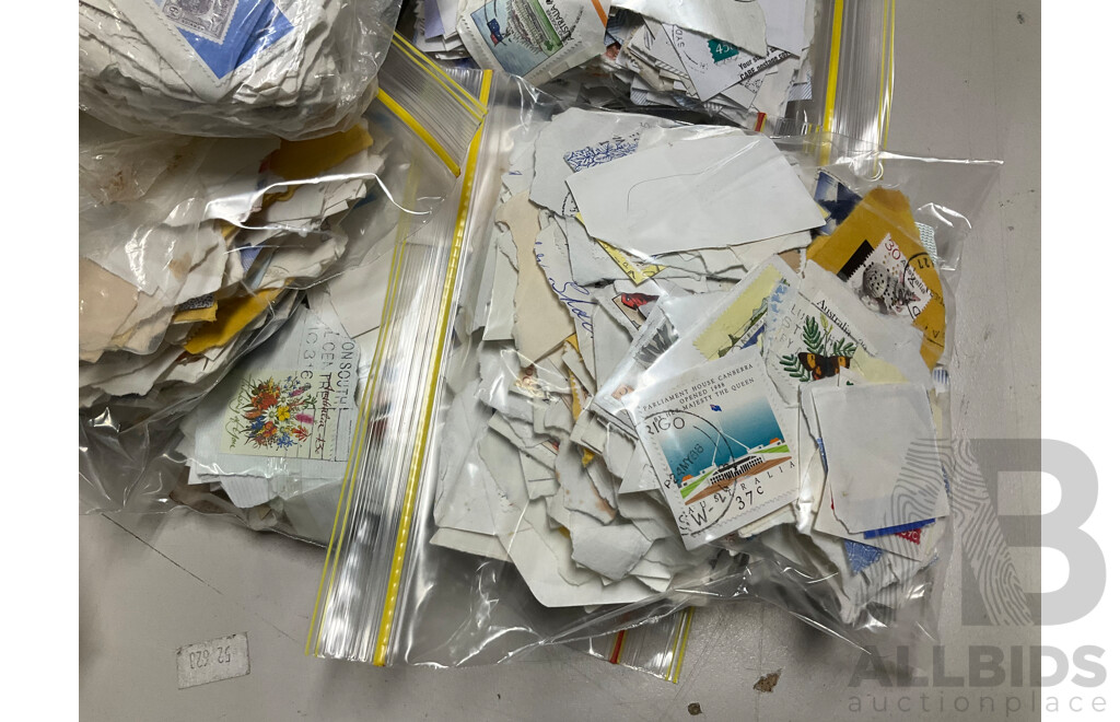 Collection of Cancelled Australian Stamps, Examples Spanning Predecimal to 2000's, KGVI, QE2 , Bicentennial, Transport, Nature and Much Much More, Fifty Bags Approximately 9 Kilograms