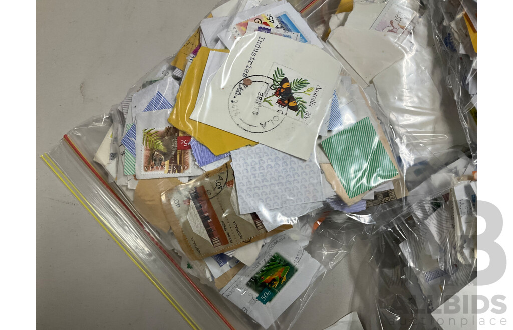 Collection of Cancelled Australian Stamps, Examples Spanning Predecimal to 2000's, KGVI, QE2 , Bicentennial, Transport, Nature and Much Much More, Fifty Bags Approximately 9 Kilograms