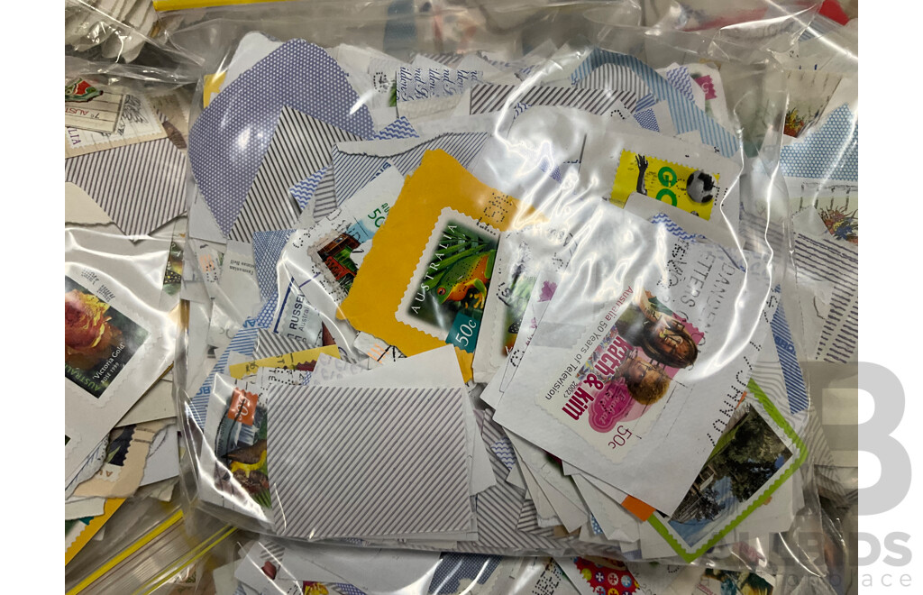 Collection of Cancelled Australian Stamps, Examples Spanning Predecimal to 2000's, KGVI, QE2 , Bicentennial, Transport, Nature and Much Much More, Fifty Bags Approximately 9 Kilograms