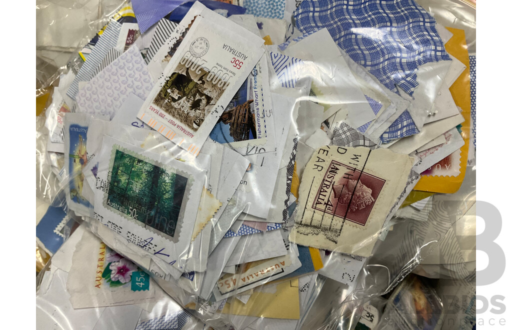 Collection of Cancelled Australian Stamps, Examples Spanning Predecimal to 2000's, KGVI, QE2 , Bicentennial, Transport, Nature and Much Much More, Fifty Bags Approximately 9 Kilograms