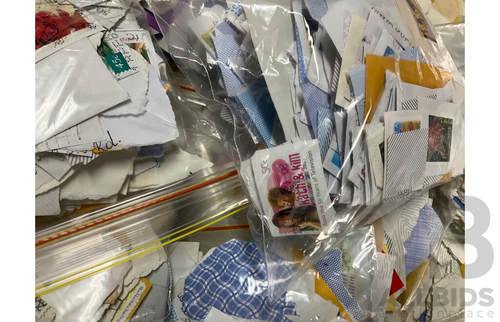Collection of Cancelled Australian Stamps, Examples Spanning Predecimal to 2000's, KGVI, QE2 , Bicentennial, Transport, Nature and Much Much More, Fifty Bags Approximately 9 Kilograms