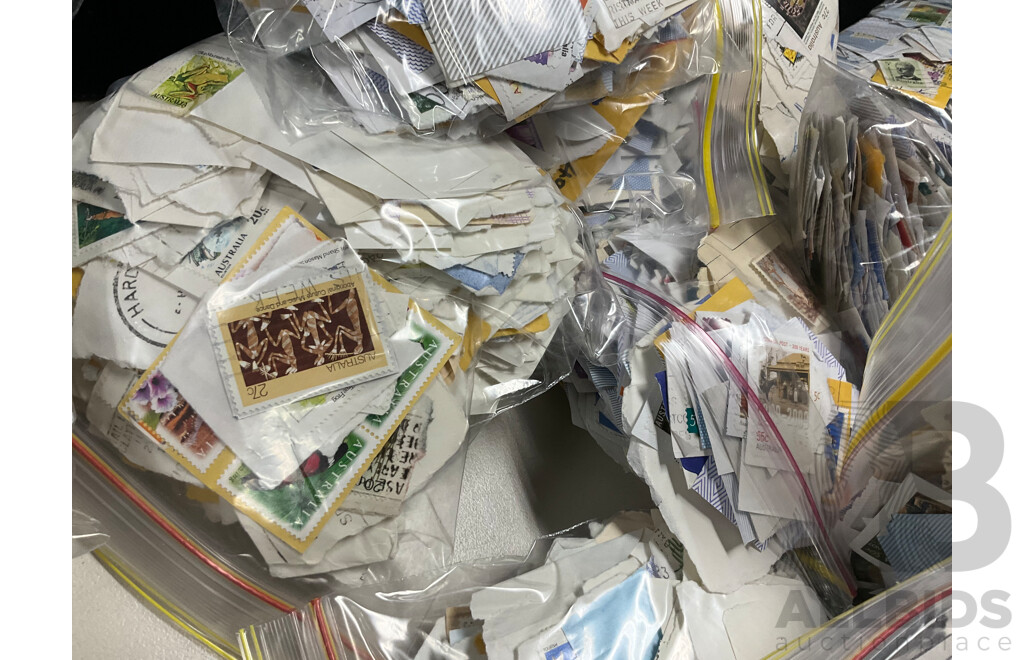 Collection of Cancelled Australian Stamps, Examples Spanning Predecimal to 2000's, KGVI, QE2 , Bicentennial, Transport, Nature and Much Much More, Fifty Bags Approximately 9 Kilograms