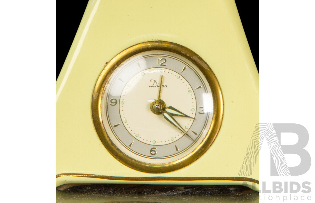 Retro Butter Yellow Diana Pottery Lamp with Built in Alarm Clock and Ribbon Shade