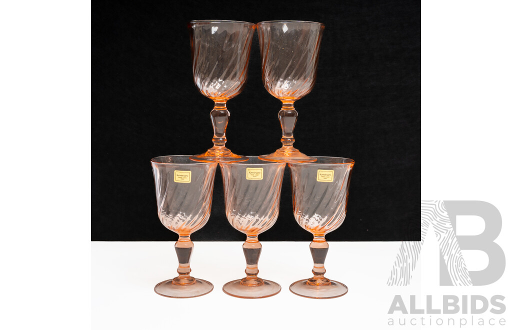 Set of Five Luminarc 'Rosaline' Pink Swirl Water Goblets