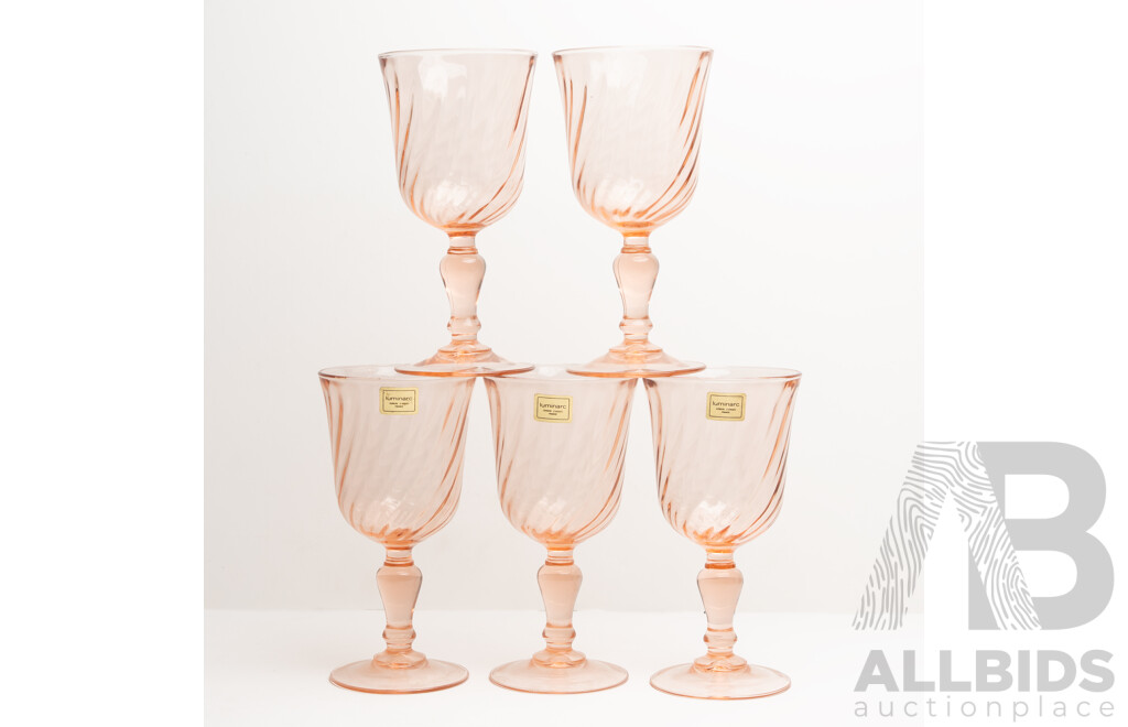 Set of Five Luminarc 'Rosaline' Pink Swirl Water Goblets