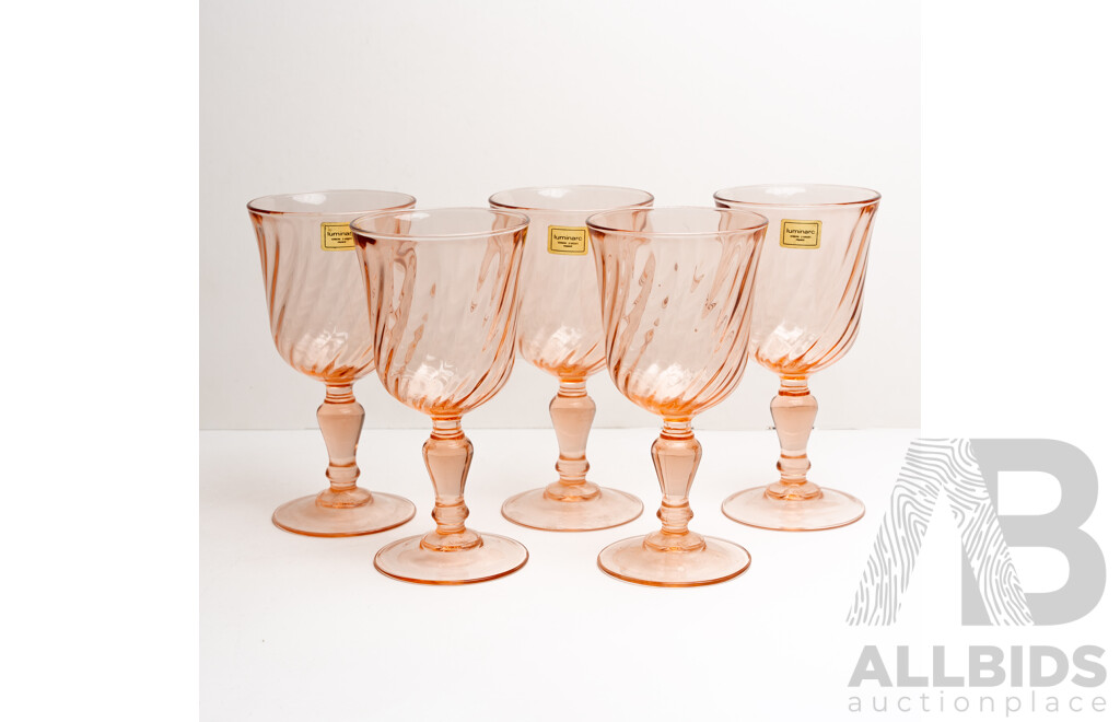 Set of Five Luminarc 'Rosaline' Pink Swirl Water Goblets