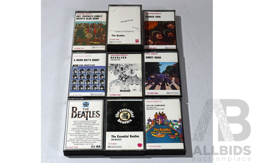 Collection Beatles Cassette Tapes, Modern Tin Sign, Flag and Framed Poster