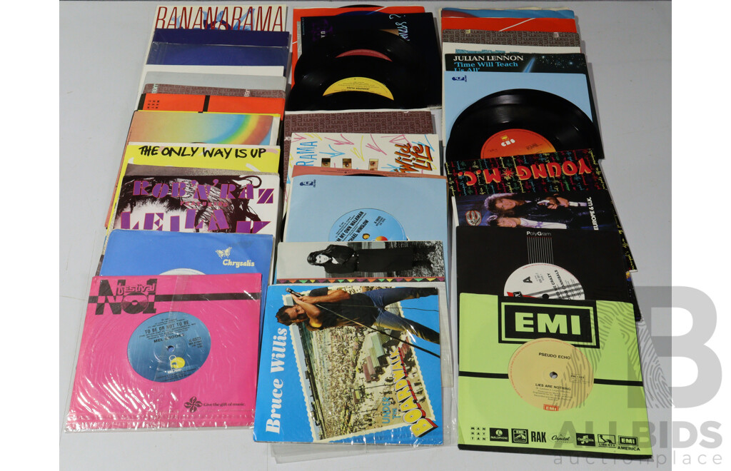 Good Collection Approx  44 Vinyl Records, Mostly 1980s & 90s 7 Inch Singles Including the Cockroaches, Bannanrama, Mental as Anything, Young MC, Europe and More