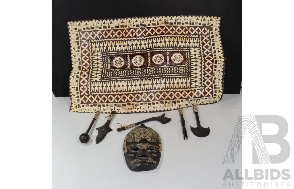 Fiji Hand Carved Timber Mask and Decorative Tools with Hand Painted Pattern Hanger
