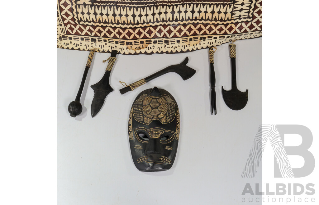 Fiji Hand Carved Timber Mask and Decorative Tools with Hand Painted Pattern Hanger