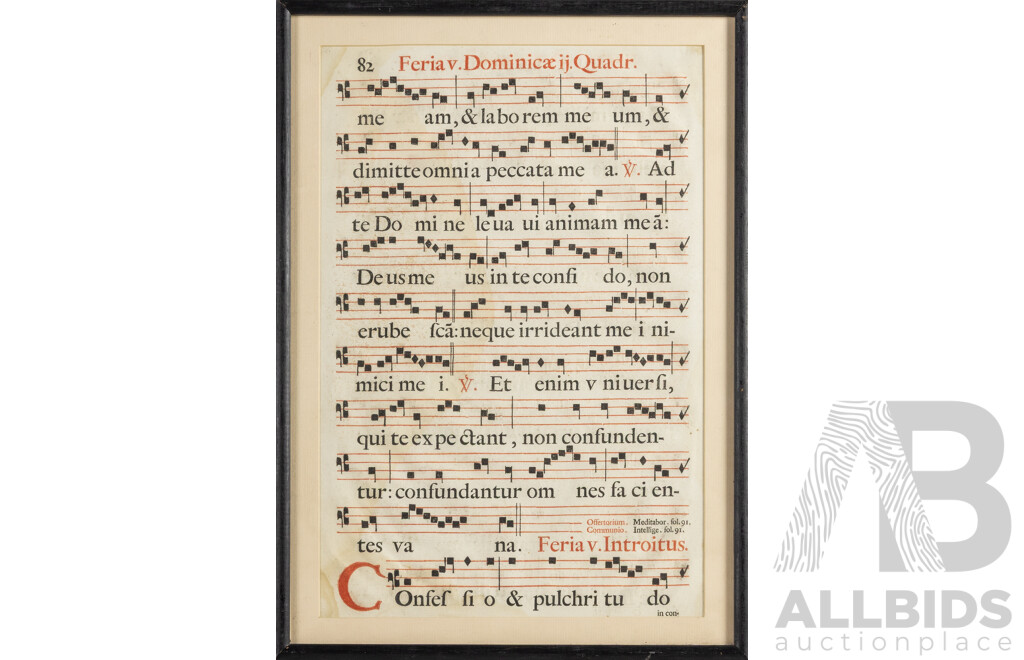 17th Century Antique Liturgical Music Sheet Featuring a Gregorian Chant Written in Latin, Antiphonal Leaf & Ink, 36W x 50H cm (frame)