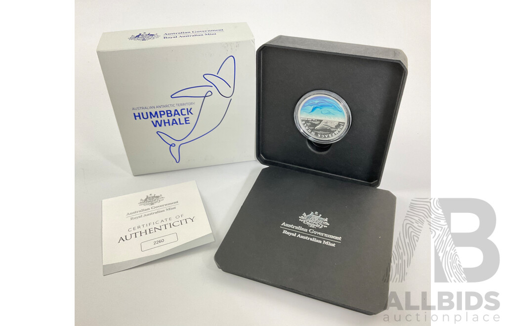 Australian RAM 2023 Silver Proof Coloured Five Dollar Coin, Antarctic Territory Humpback Whale .999