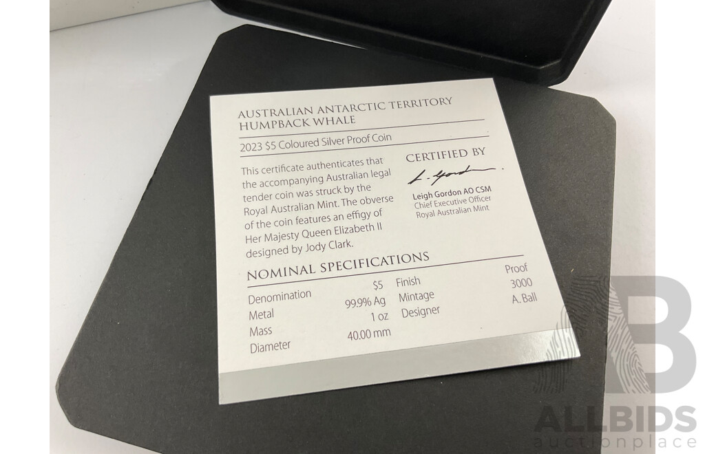 Australian RAM 2023 Silver Proof Coloured Five Dollar Coin, Antarctic Territory Humpback Whale .999