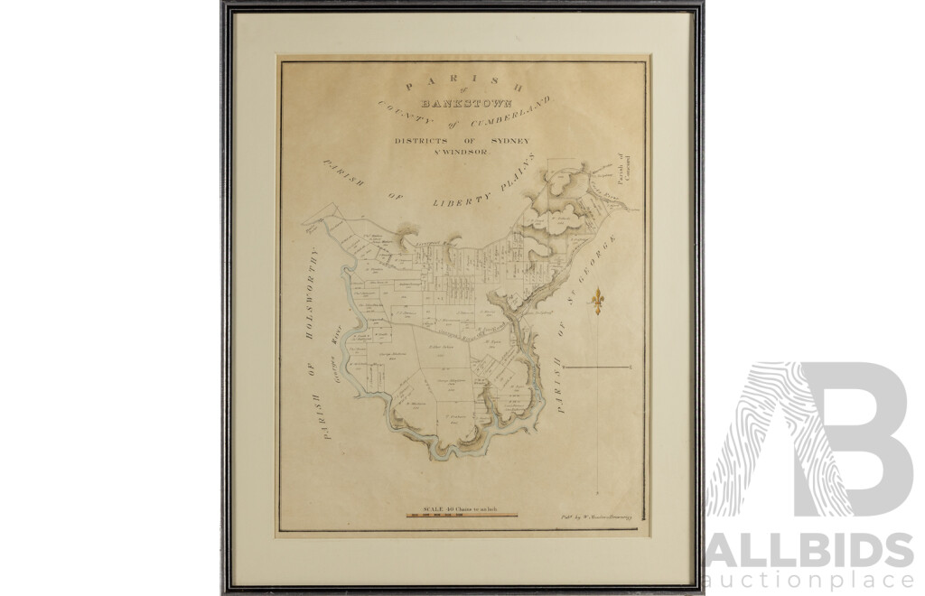 Artist Unknown, (19th Century, Australian), Parish of Bankstown [County of Cumberland, Districts of Sydney & Windsor], Wonderful Original Antique Map c1850s, 57W x 70H cm (frame)
