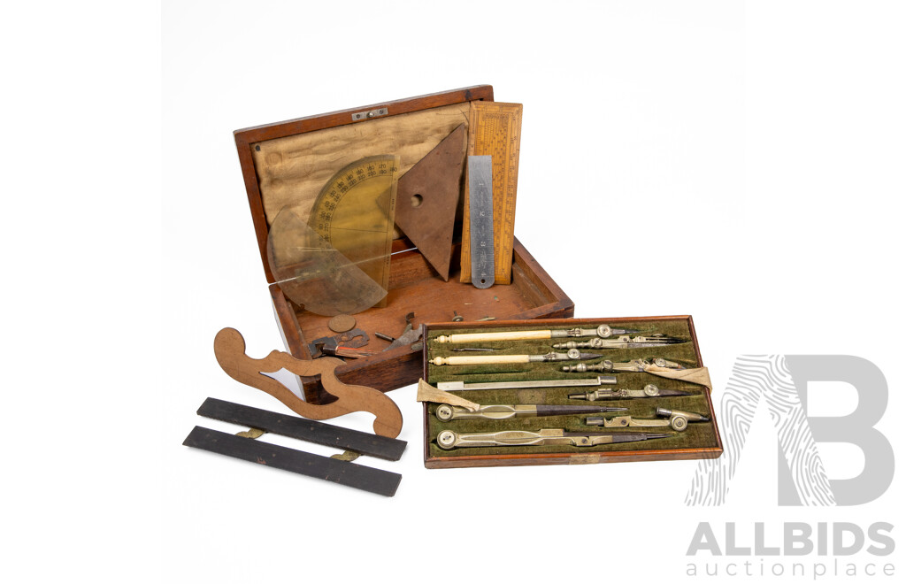 Antique Draughtsman's Set in Felt Lined Timber Case