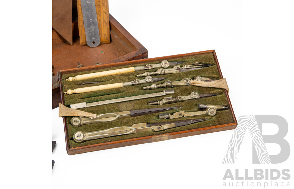 Antique Draughtsman's Set in Felt Lined Timber Case