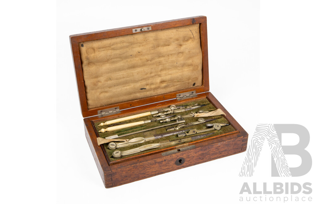 Antique Draughtsman's Set in Felt Lined Timber Case