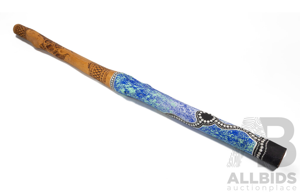Lewis Burns (20th Century, Indigenous-Australian) Hand Crafted & Signed Decorative Didgeridoo with Pyrography and Acrylic Detail, 138cm