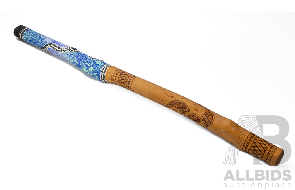 Lewis Burns (20th Century, Indigenous-Australian) Hand Crafted & Signed Decorative Didgeridoo with Pyrography and Acrylic Detail, 138cm