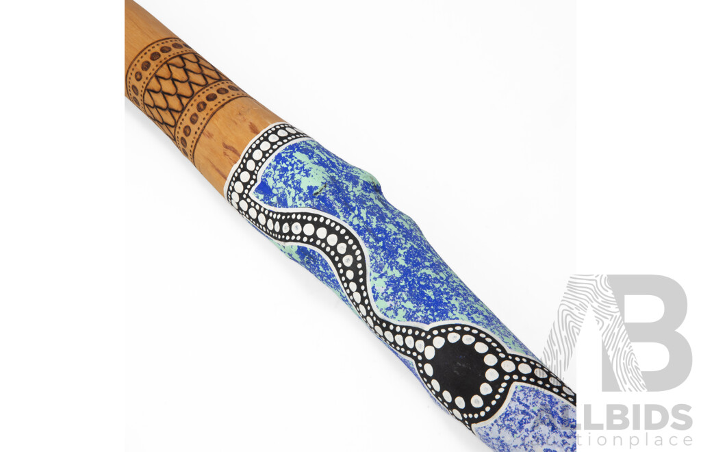 Lewis Burns (20th Century, Indigenous-Australian) Hand Crafted & Signed Decorative Didgeridoo with Pyrography and Acrylic Detail, 138cm