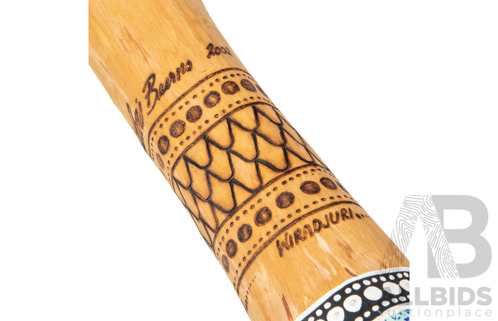 Lewis Burns (20th Century, Indigenous-Australian)  Hand Crafted & Signed Decorative Didgeridoo with Pyrography and Acrylic Detail, 138cm