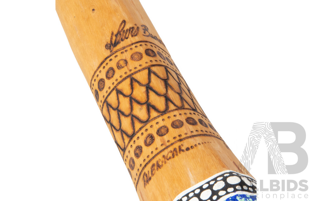 Lewis Burns (20th Century, Indigenous-Australian)  Hand Crafted & Signed Decorative Didgeridoo with Pyrography and Acrylic Detail, 138cm
