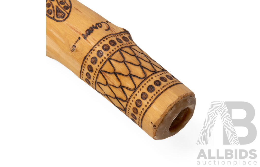 Lewis Burns (20th Century, Indigenous-Australian)  Hand Crafted & Signed Decorative Didgeridoo with Pyrography and Acrylic Detail, 138cm
