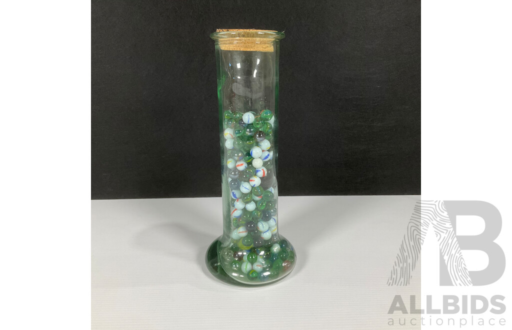 Glass Jar of Marbles Including Cats Eyes and Jumbo