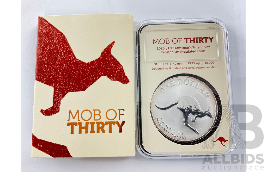 Australian RAM 2023 Silver Frosted One Dollar Coin, Mob of Thirty - 30th Anniversary of the Kangaroo Series, C Mintmark